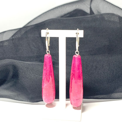 Fuchsia Jade Long Teardrop Shaped Sterling Silver Drop Earrings