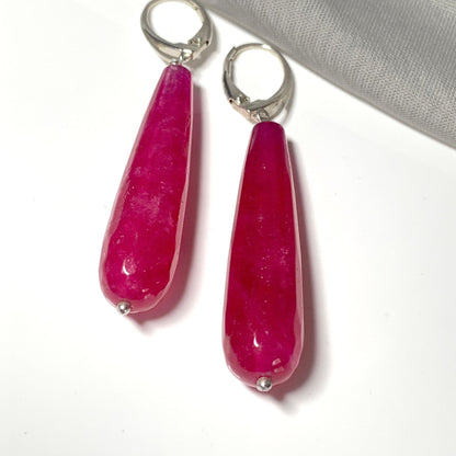 Fuchsia Jade Long Teardrop Shaped Sterling Silver Drop Earrings