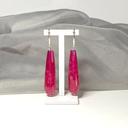 Fuchsia Jade Long Teardrop Shaped Sterling Silver Drop Earrings