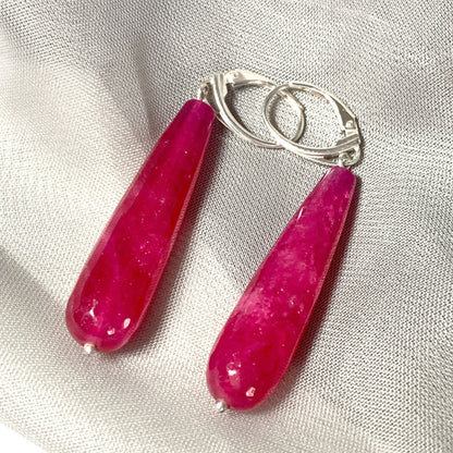 Fuchsia Jade Long Teardrop Shaped Sterling Silver Drop Earrings