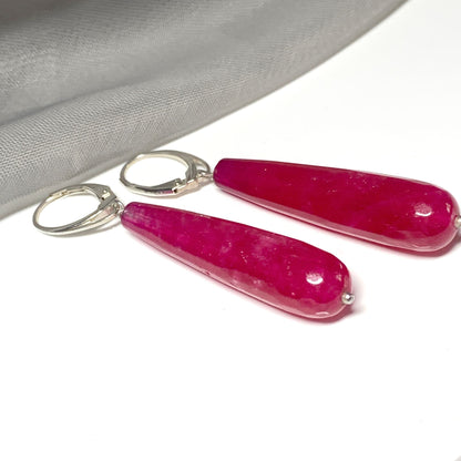 Fuchsia Jade Long Teardrop Shaped Sterling Silver Drop Earrings