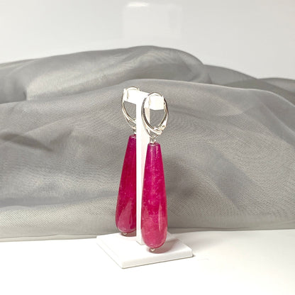 Fuchsia Jade Long Teardrop Shaped Sterling Silver Drop Earrings