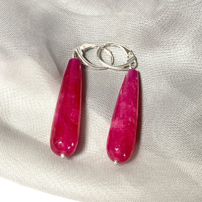 Fuchsia Jade Long Teardrop Shaped Sterling Silver Drop Earrings