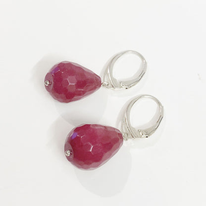 Fuchsia Jade Teardrop Shaped Sterling Silver Drop Earrings