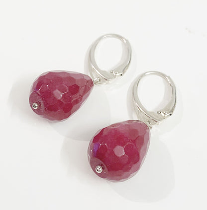 Fuchsia Jade Teardrop Shaped Sterling Silver Drop Earrings