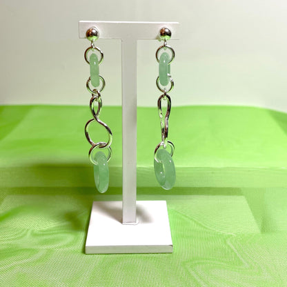 Green Jade Round Sterling Silver Double Drop Earrings