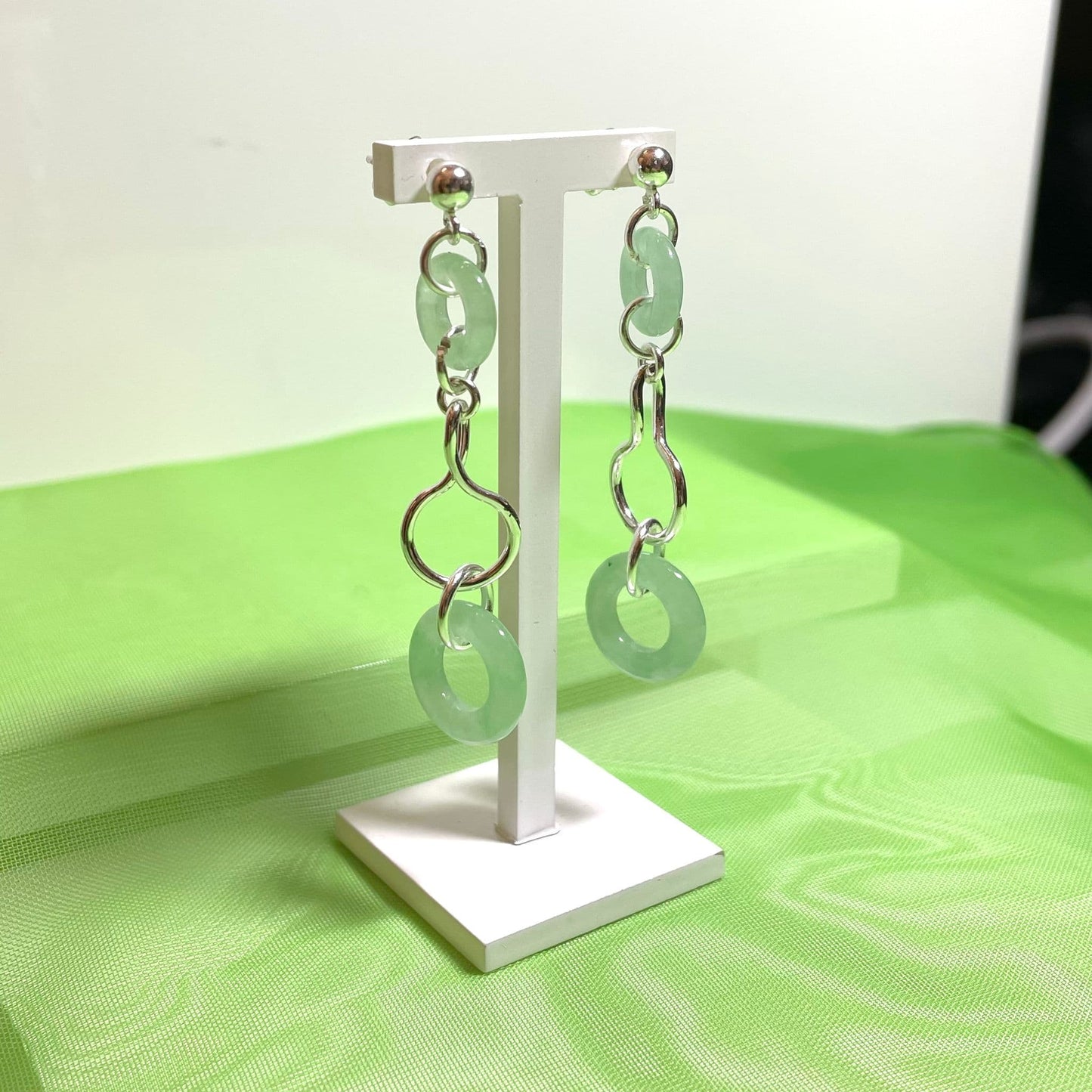 Green Jade Round Sterling Silver Double Drop Earrings