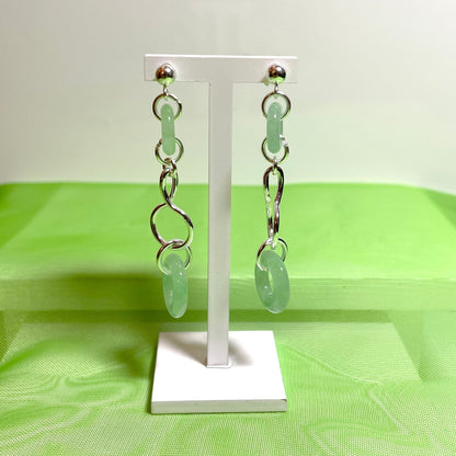 Green Jade Round Sterling Silver Double Drop Earrings