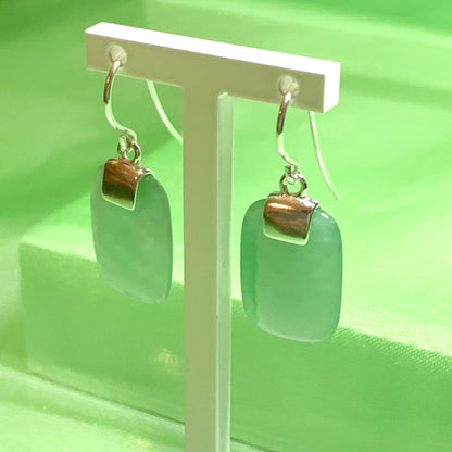 Green Jade Silver Cushion Shaped Drop Earrings