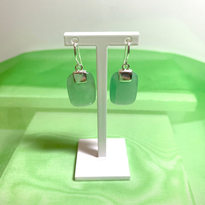 Green Jade Silver Cushion Shaped Drop Earrings