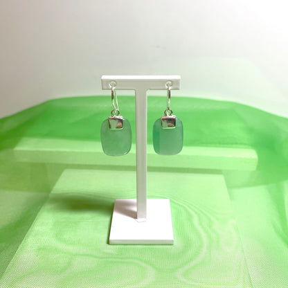 Green Jade Silver Cushion Shaped Drop Earrings