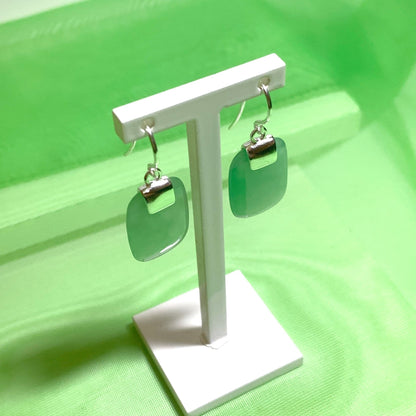 Green Jade Silver Cushion Shaped Drop Earrings