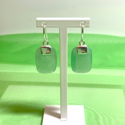 Green Jade Silver Cushion Shaped Drop Earrings