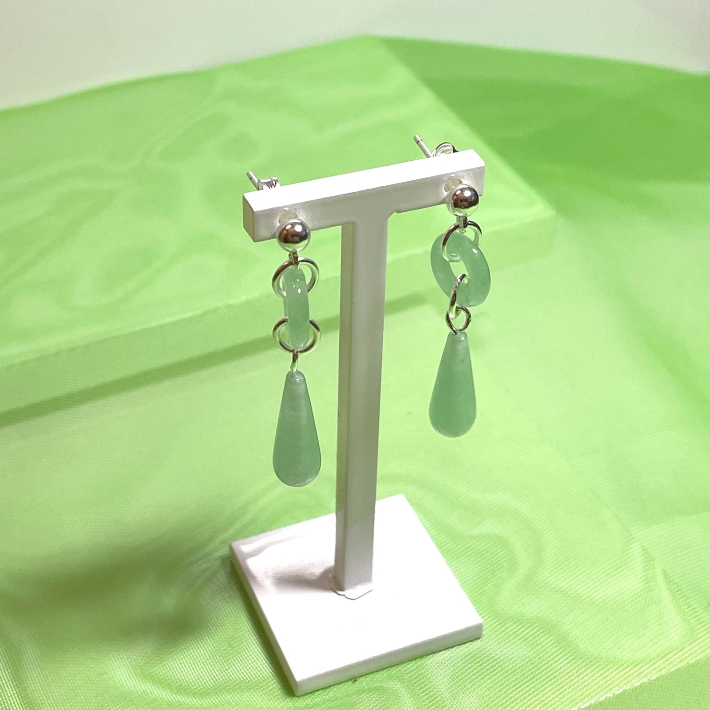Green Jade Silver Round And Teardrop Sterling Silver Drop Earrings