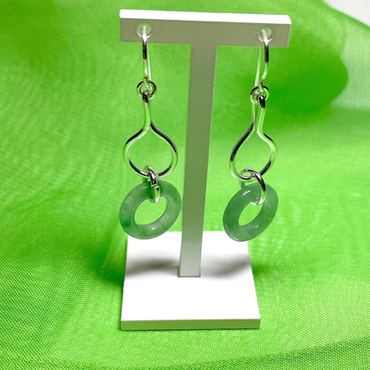 Green Jade Silver Round Double Drop Earrings