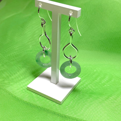 Green Jade Silver Round Double Drop Earrings