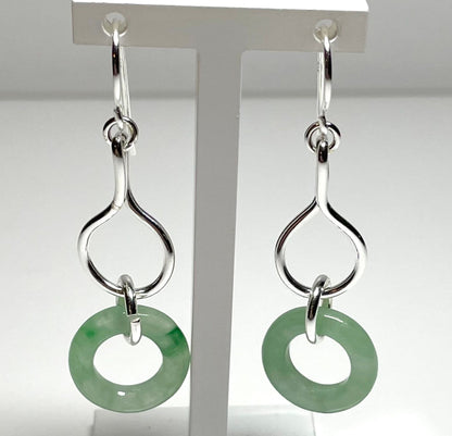 Green Jade Silver Round Double Drop Earrings