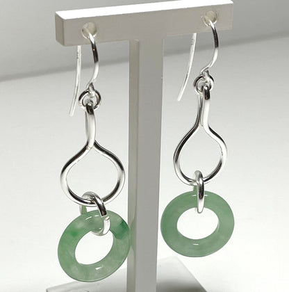 Green Jade Silver Round Double Drop Earrings