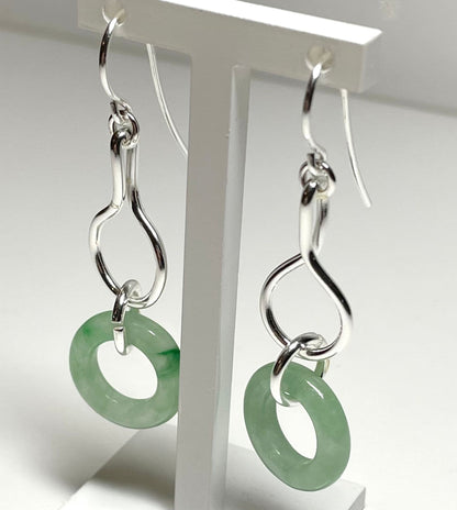 Green Jade Silver Round Double Drop Earrings