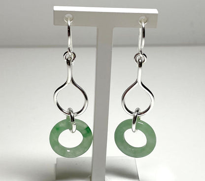 Green Jade Silver Round Double Drop Earrings