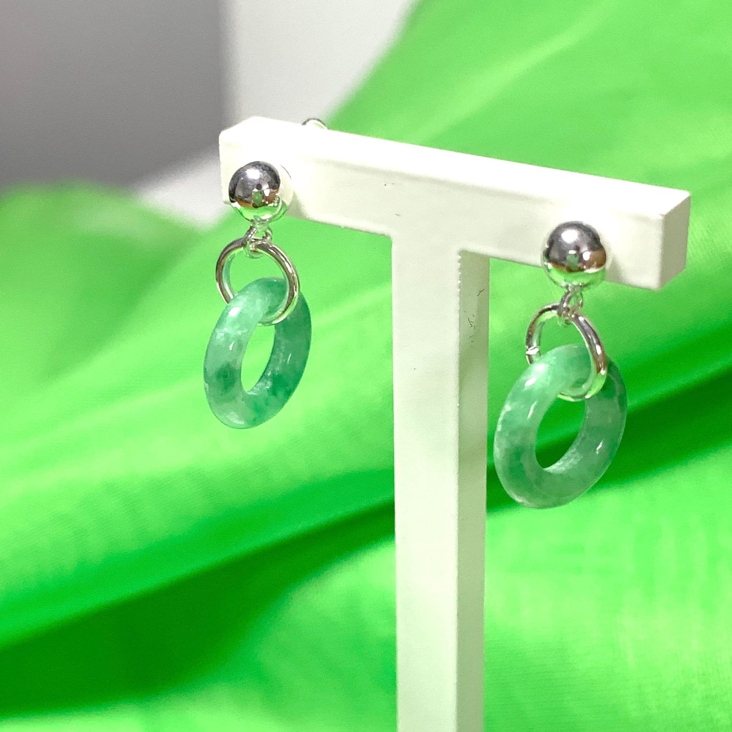 Green Jade Silver Round Sterling Silver Drop Earrings