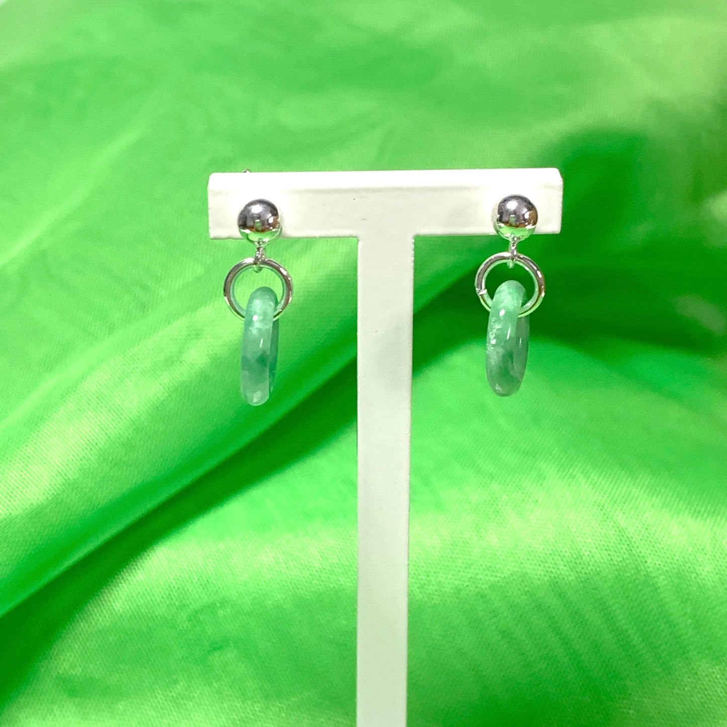 Green Jade Silver Round Sterling Silver Drop Earrings