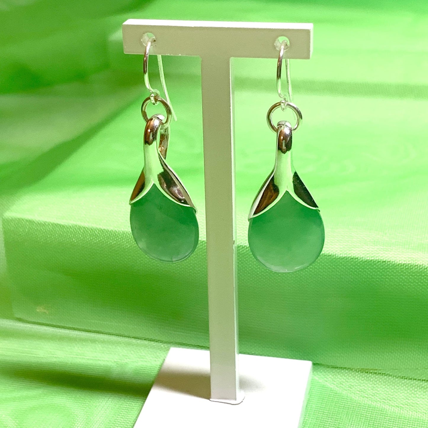Green Jade Tear Drop Silver Pear Shaped Drop Earrings