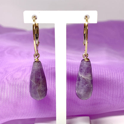 Large Amethyst Teardrop Shaped Yellow Gold Drop Earrings