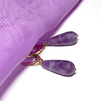 Large Amethyst Teardrop Shaped Yellow Gold Drop Earrings