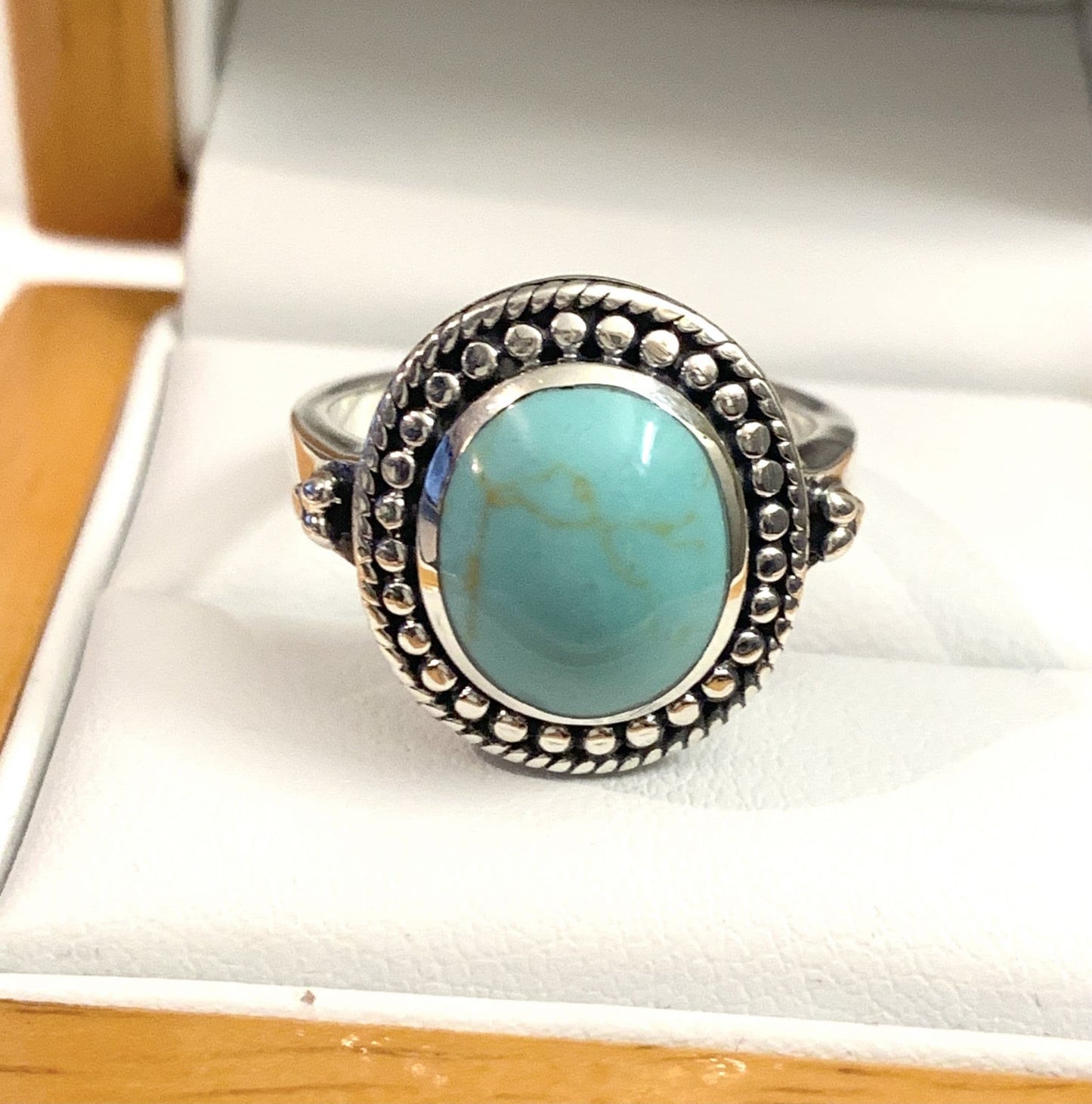 Large Oval Blue Turquoise Sterling Silver Ring With A Bobble And Rope Edge Design