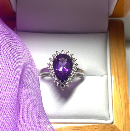 Large pear shaped purple amethyst and diamond sterling silver cluster ring