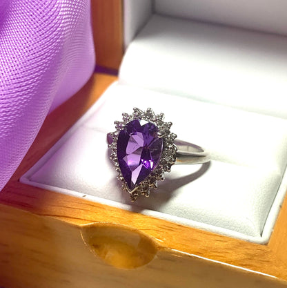 Large pear shaped purple amethyst and diamond sterling silver cluster ring