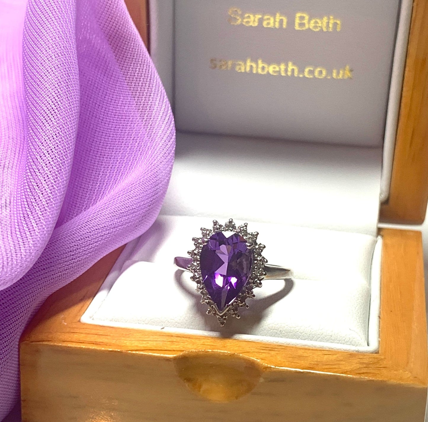Large pear shaped purple amethyst and diamond sterling silver cluster ring
