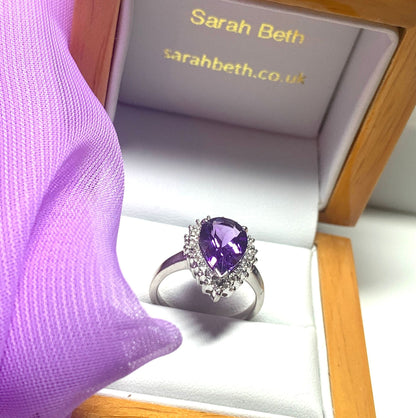 Large pear shaped purple amethyst and diamond sterling silver cluster ring