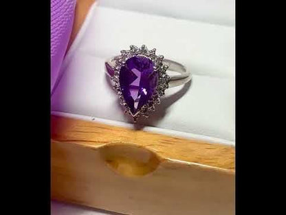 Large pear shaped purple amethyst and diamond sterling silver cluster ring