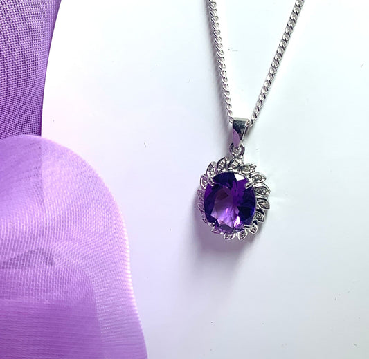 Large purple oval amethyst and diamond sterling silver cluster necklace pendant