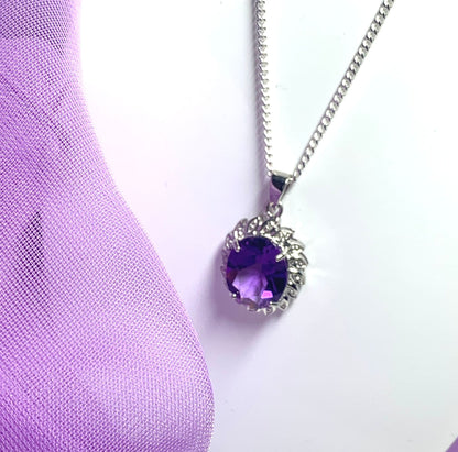 Large purple oval amethyst and diamond sterling silver cluster necklace pendant