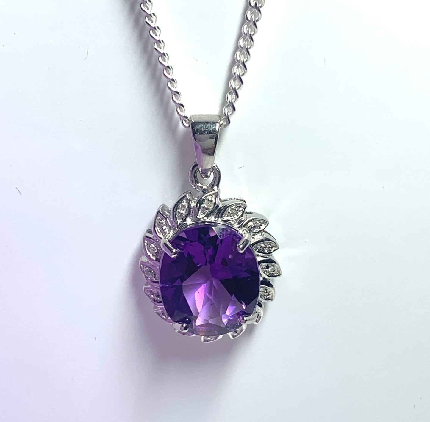 Large purple oval amethyst and diamond sterling silver cluster necklace pendant