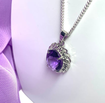 Large purple oval amethyst and diamond sterling silver cluster necklace pendant