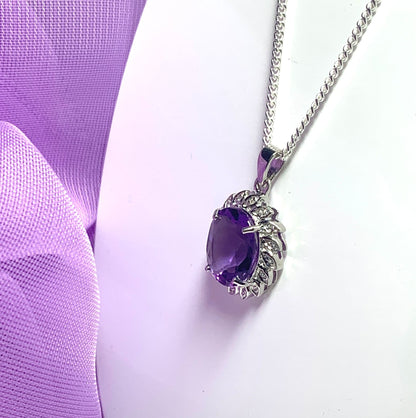 Large purple oval amethyst and diamond sterling silver cluster necklace pendant