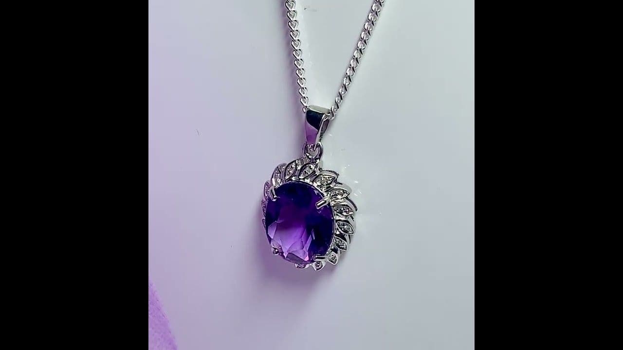 Large purple oval amethyst and diamond sterling silver cluster necklace pendant