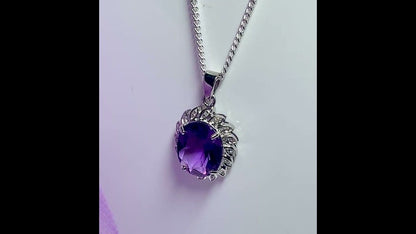 Large purple oval amethyst and diamond sterling silver cluster necklace pendant