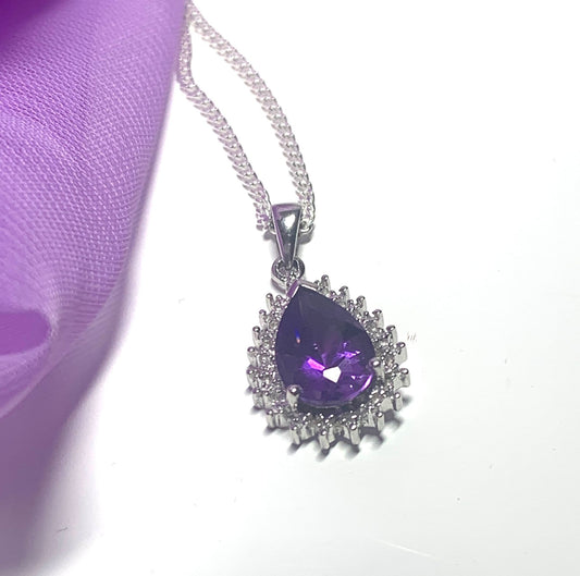 Large purple pear shaped amethyst and diamond sterling silver cluster necklace pendant