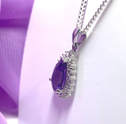 Large purple pear shaped amethyst and diamond sterling silver cluster necklace pendant