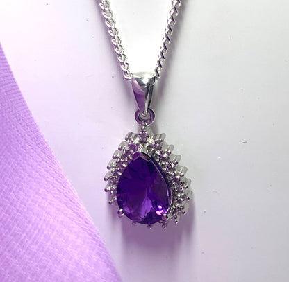 Large purple pear shaped amethyst and diamond sterling silver cluster necklace pendant