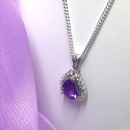 Large purple pear shaped amethyst and diamond sterling silver cluster necklace pendant