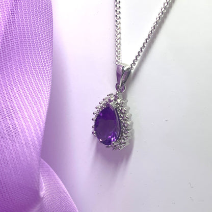 Large purple pear shaped amethyst and diamond sterling silver cluster necklace pendant