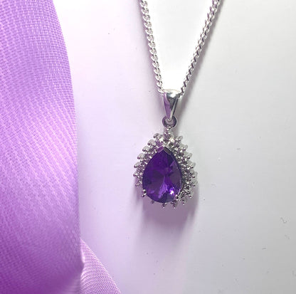 Large purple pear shaped amethyst and diamond sterling silver cluster necklace pendant