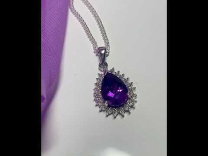 Large purple pear shaped amethyst and diamond sterling silver cluster necklace pendant