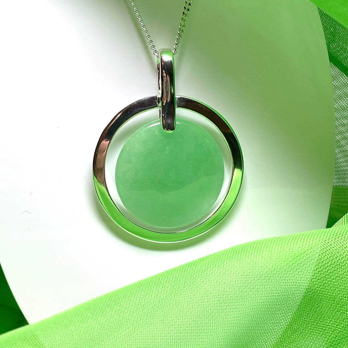 Large Sterling Silver Round Shaped Green Jade Necklace